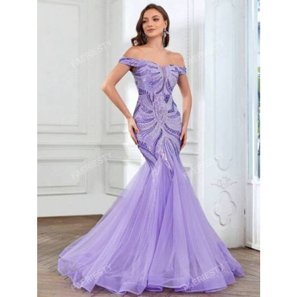 Faeriesty Off Shoulder Purple Sequin Mermaid Gown